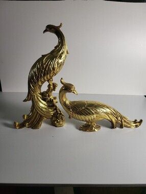 Vintage Syroco Gold Pheasants Birds Figurine Pair USA Peacock Hollywood Regency